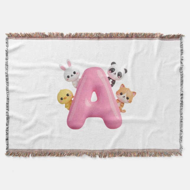Pink Letter A Forest Animals Baby Throw Blanket (Front)