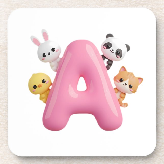 Pink Letter A Forest Animals Coaster Set (Front)