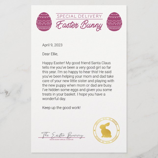 Pink Letter From The Easter Bunny (Front)