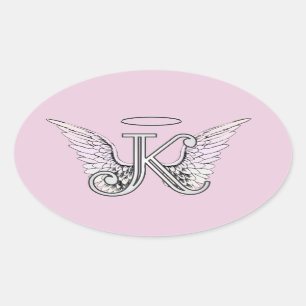 Pink Letter K Angel Wings Monogram Oval Sticker