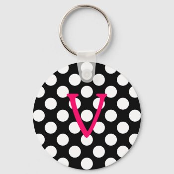 Pink Letter V On Polka Dots Keychain by pinkgifts4you at Zazzle