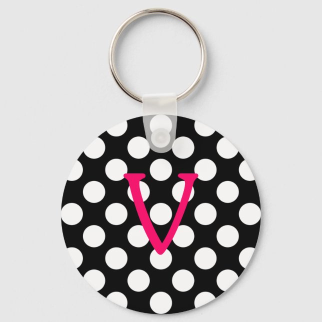 Pink Letter V on Polka Dots Keychain (Front)