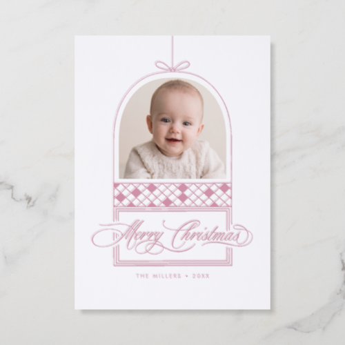 Pink Letterpress Arch Bow Ornament Christmas Photo Cards