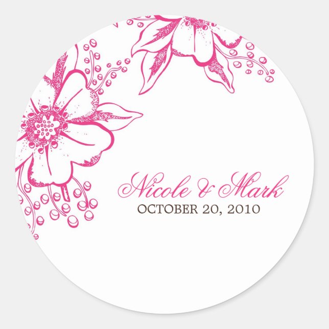Pink Letterpress Style Wedding Classic Round Sticker (Front)