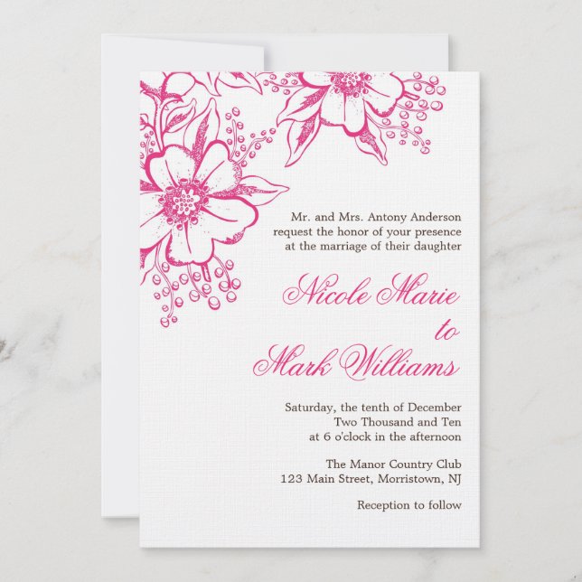 Pink Letterpress Style Wedding Invitation (Front)