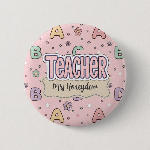 Pink Letters Teacher School Pattern Button