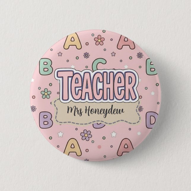 Pink Letters Teacher  School Pattern  Button (Front)