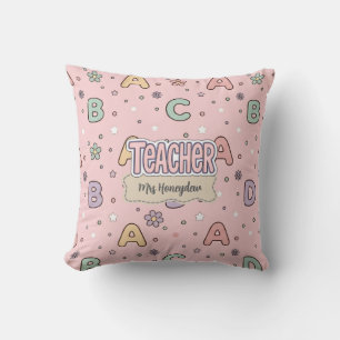 Pink Letters Teacher School Pattern Throw Pillow