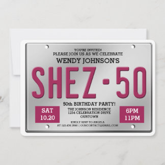 Pink License Plate 50th Birthday Party Invitations
