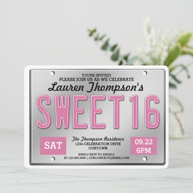 Pink License Plate Sweet 16 Party Invitations (Standing Front)