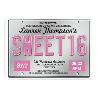 Pink License Plate Sweet 16 Party Invitations