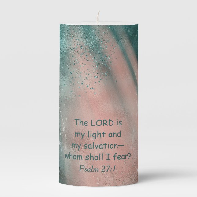 Pink Light and Starshine Psalm 27:1 Inspirational Pillar Candle (Front)