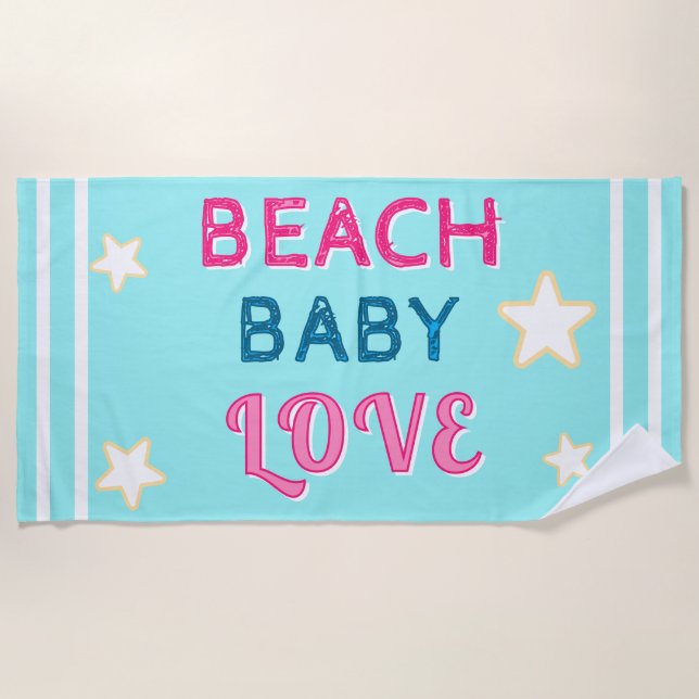 Pink Light Blue Beach Baby Love Stars Beach Towel (Front)
