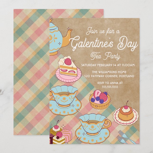 Pink Light Blue Feminine Galentine's Day Tea Party Invitation (Front/Back)