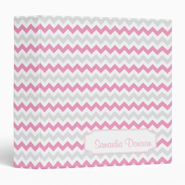 Pink Light Gray Chevron Pattern Personalized Album Binder (Front/Spine)