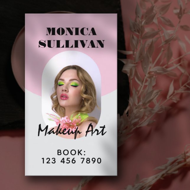 Pink light gray minimalist makeup business card (Creator Uploaded)
