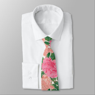 Pink & Light Peach Rose Flowers with Green Leaves Neck Tie