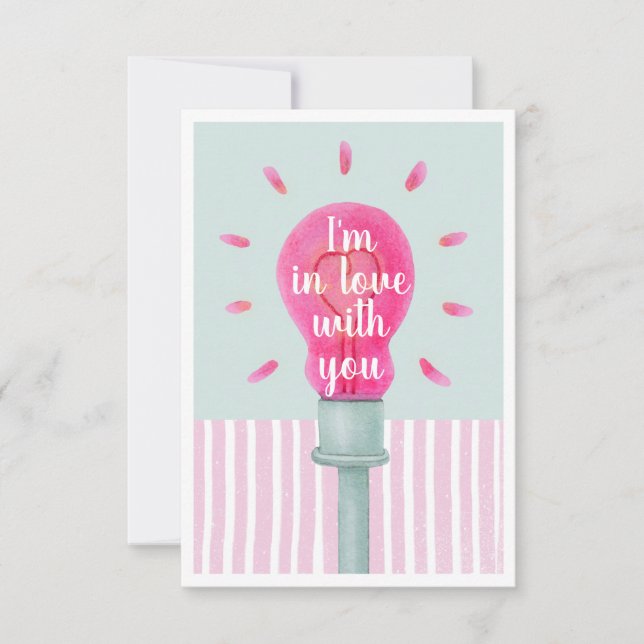 Pink Lightbulb Heart Stripes Flat Card (Front)