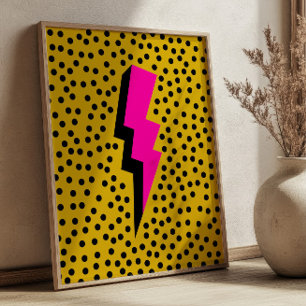Pink Lightening Bolt on Dotted Yellow Pop Art Poster