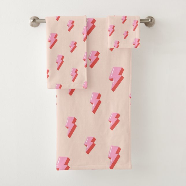 Pink Lightning Bolt Pattern Bath Towel Set (Insitu)