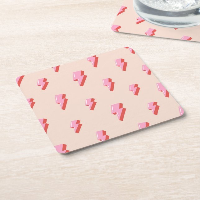 Pink Lightning Bolt Pattern Square Paper Coaster (Angled)