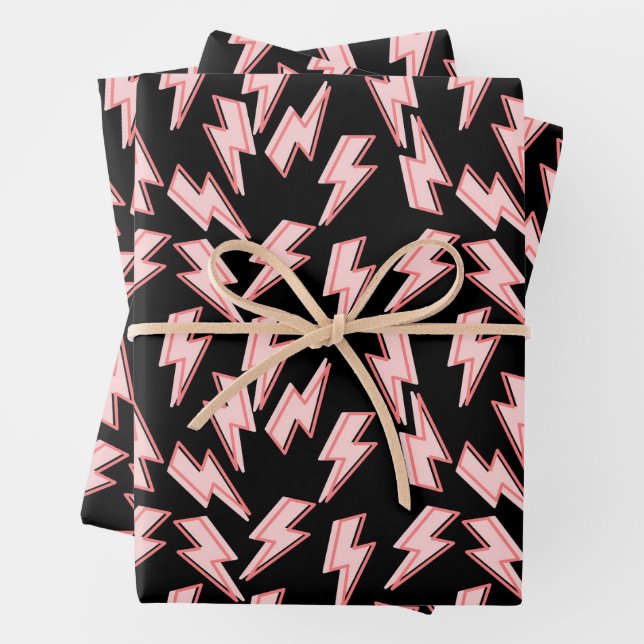 Pink Lightning Bolts Pattern Wrapping Paper Sheets (In situ)