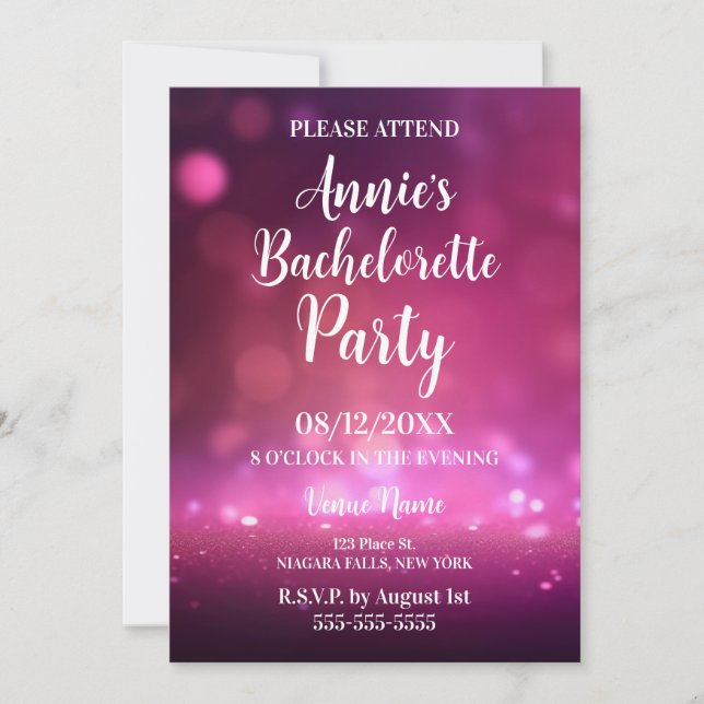 Pink Lights Bachelorette Party Invitation (Front)