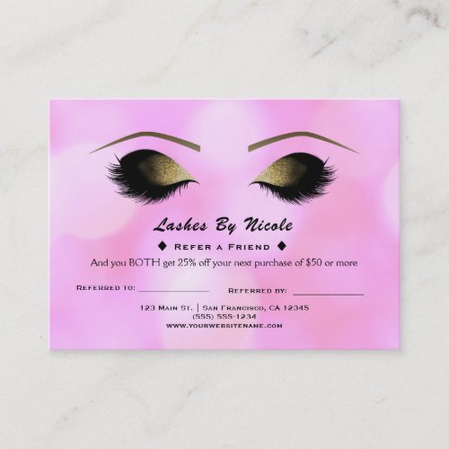 Pink Lights Glam Lashes Refer Friend Aftercare Referral Card