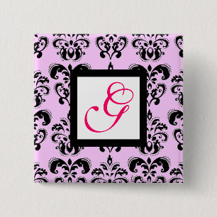 PINK LILAC BLACK DAMASK WHITE SQUARE MONOGRAM PINBACK BUTTON