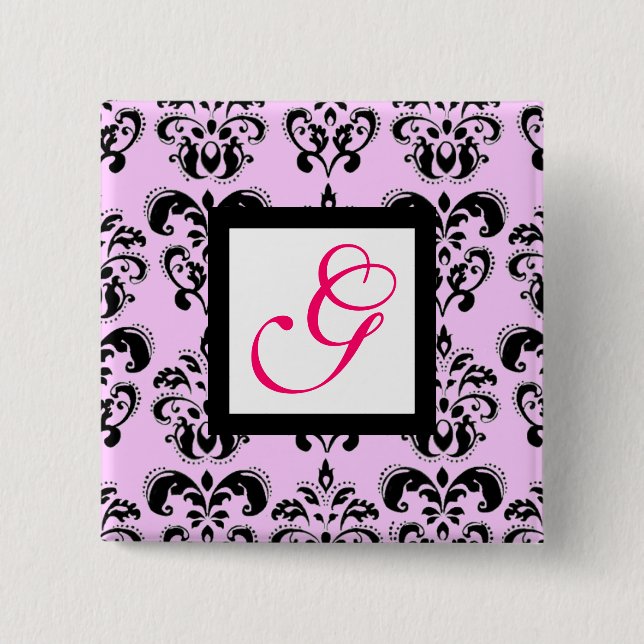 PINK LILAC BLACK DAMASK WHITE SQUARE MONOGRAM PINBACK BUTTON (Front)