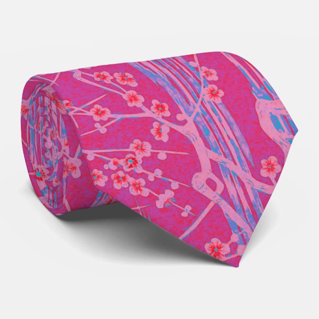 PINK LILAC BLUE SAKURA FLOWERS Japanese Floral  Neck Tie (Rolled)