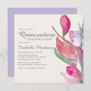 Pink Lilac Boho Watercolor Floral Quinceañera Invitation
