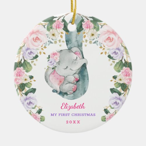 Pink Lilac Floral Elephant Baby First Christmas Ceramic Ornament