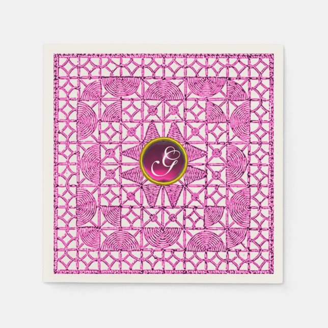 PINK LILAC GEOMETRIC LACE GEM STONE MONOGRAM NAPKINS (Front)