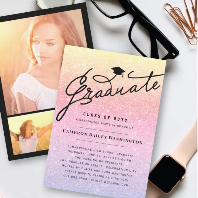 Pink Lilac Glitter Graduate Graduation Cap Party Invitation Zazzle 8173