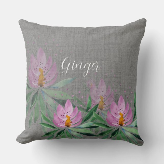Pink Lilac Lotus Watercolor Art Monogrammed Throw Pillow (Front)