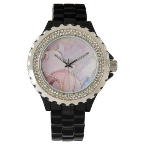 PINK LILAC MARBLE DESIGN BLACK SPARKLE WATCH