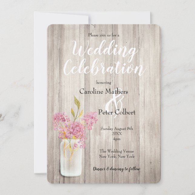 Pink Lilac Mason Jar Barn Wood Rustic Wedding Invitation (Front)