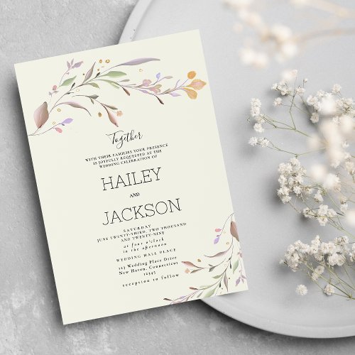 Pink lilac mint green watercolor leaves wedding invitation