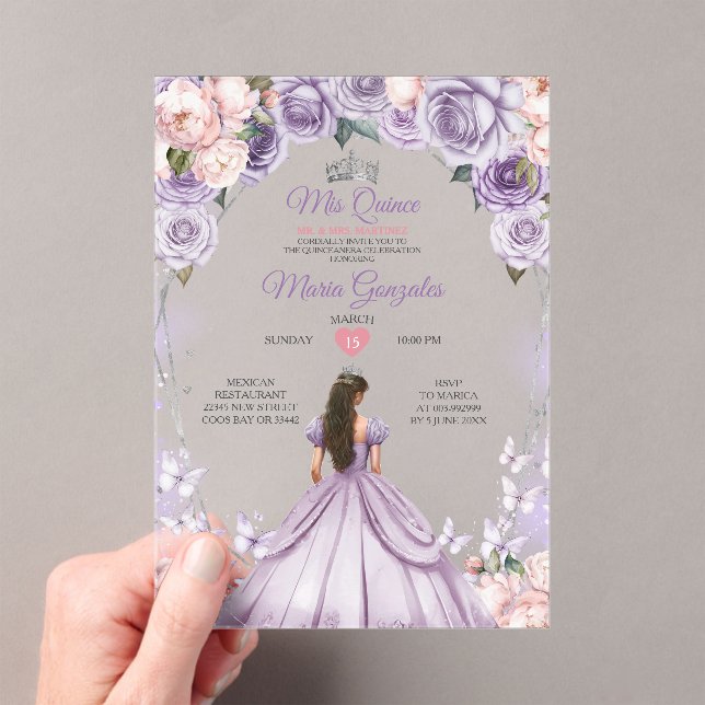 Pink Lilac Mis Quince 15 Anos Crown Quinceañera Acrylic Invitations (Insitu (Handheld))