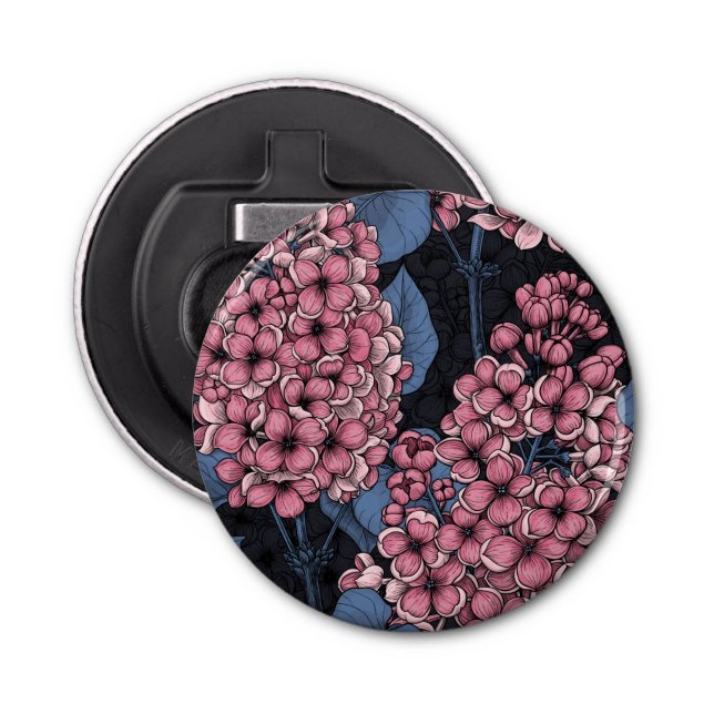 Pink lilac on dark blue bottle opener (Front)