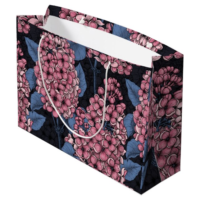 Pink lilac on dark blue large gift bag (Back Angled)