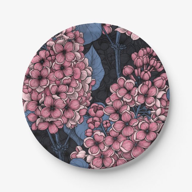 Pink lilac on dark blue paper plates (Front)