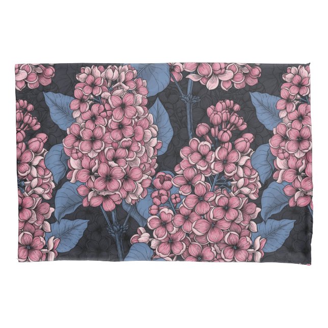 Pink lilac on dark blue pillow case (Front)
