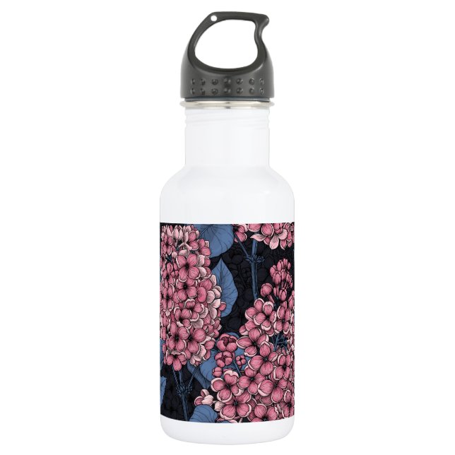 Pink lilac on dark blue stainless steel water bottle (Front)