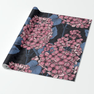 Pink lilac on dark blue wrapping paper