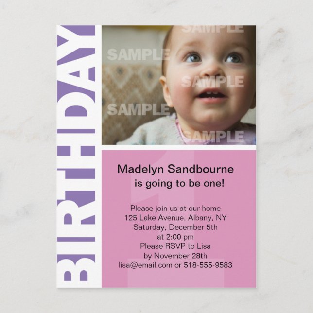 Pink Lilac Panel 1st Birthday Invitation Postcard (Front)