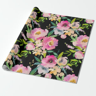 Pink Lilac Peach Black Watercolor Floral Flowers Wrapping Paper