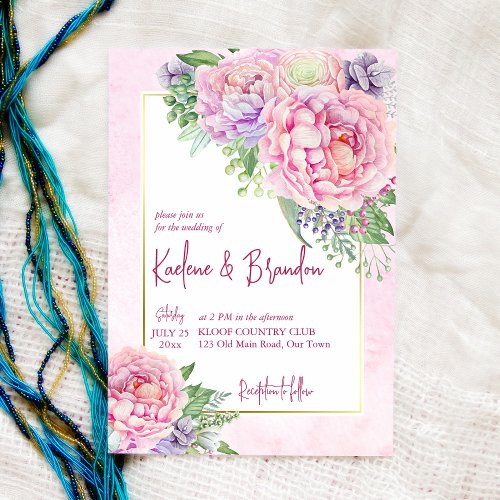 Pink lilac peonies floral elegant wedding invitation
