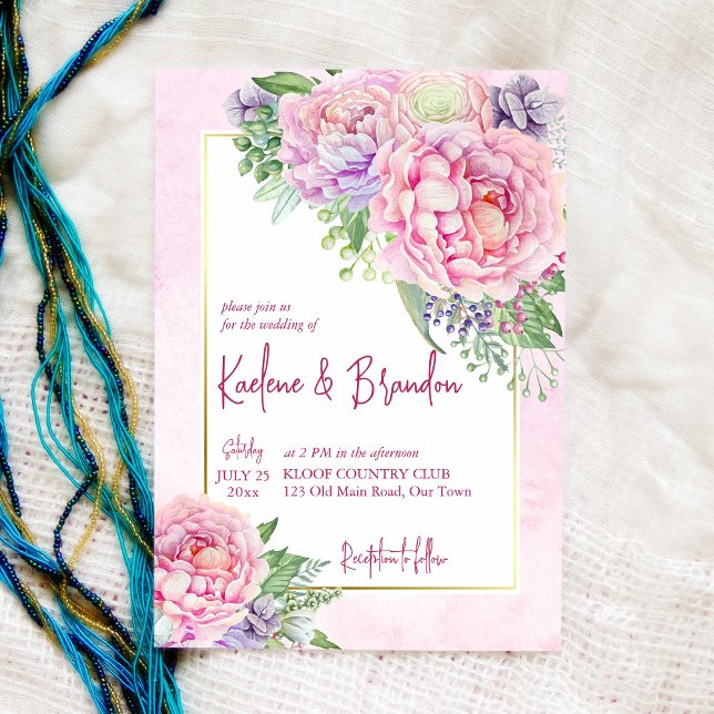 Pink lilac peonies floral elegant wedding invitation (Creator Uploaded)